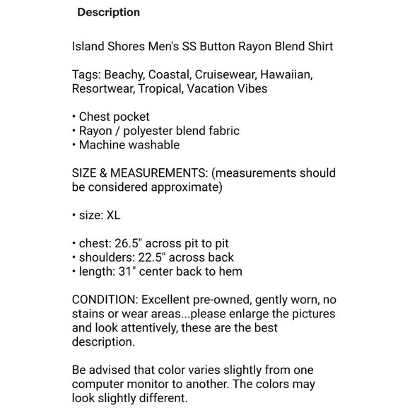 Island Shores Men's SS Button Rayon Blend Shirt  XL  Blue-Green Coastal Vacation - Picture 8 of 8